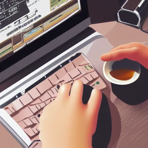 Prompt: photorealistic illustration of a person using a computer happily while drinking coffee