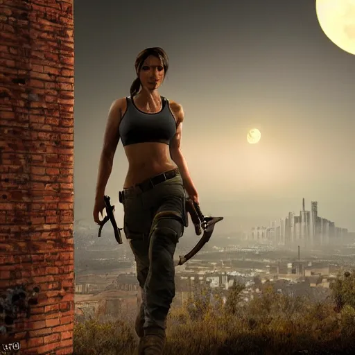 Image similar to a woman that looks similar to lara croft leaning against a brick wall. She is on the right side of the image, you can see the left side of her body. The scene is at night, lit by the moon. It feels like the scene is in some sort of super realistic virtual reality simulation. You can see the city behind her, everything feels like super advanced cgi graphics with ray tracing. Trending on artstation