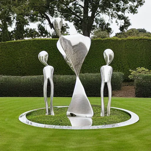 Prompt: giant Italian modern castle formal garden with a series of modern stainless steel organic shaped modern sculptures with mirror finish by Tony Cragg, photo by Annie Leibovitz