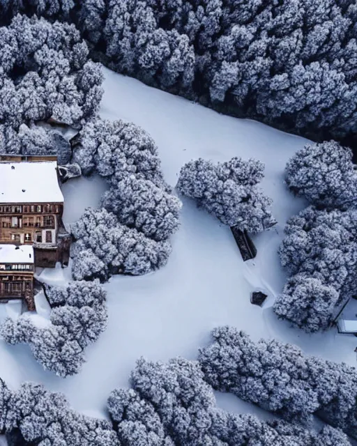 Image similar to hidden mansion on fire in the alps with snow covered roof, zoomed out, shot from drone, iphone capture