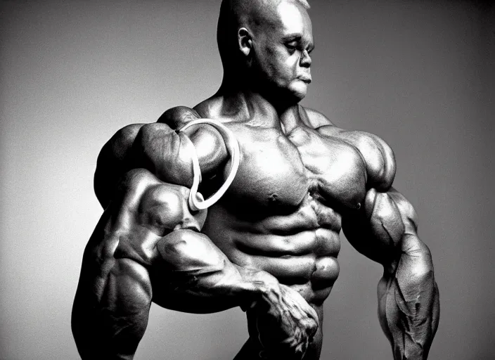 Image similar to a jeff koonz sculpture of a bodybuilder, closeup photo. shot by platon using a leica with flash, kodak gold 3 5 mm film