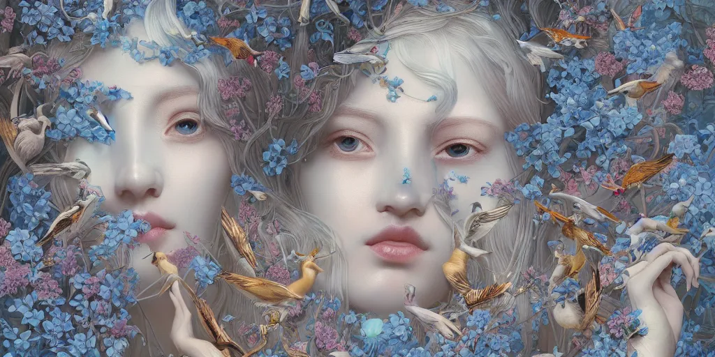 Image similar to breathtaking detailed concept art painting art deco pattern of blonde faces goddesses amalmation light - blue flowers with anxious piercing eyes and blend of flowers and birds, by hsiao - ron cheng and john james audubon, bizarre compositions, exquisite detail, extremely moody lighting, 8 k