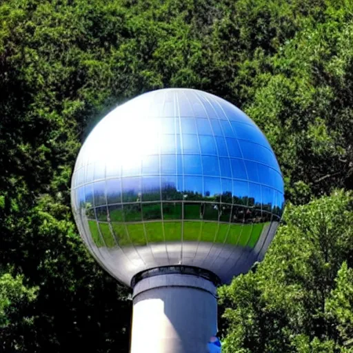 Image similar to a silver water tower. 1 0 feet behind the water tower is a reflective sphere. the sphere is 1 1 5 feet tall. the water tower is 5 0 feet tall. the water tower is 2 0 feet above the ground. the camera light is black. the ground is transparent. below the water tower is a small 6 0 % dim blue light.