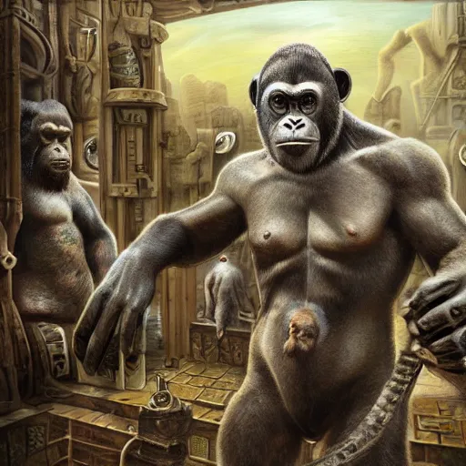 Image similar to Steam computer in ancient time surrounded by apes, highly detailed, highly realistic, artstation, by Hans Giger