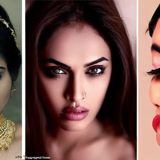 Image similar to Portrait photography of indian beauty who have the nose of Angelina Jolie, lips of Megan Fox and the eyes of Rihanna, award winning photography by Leonardo Espina