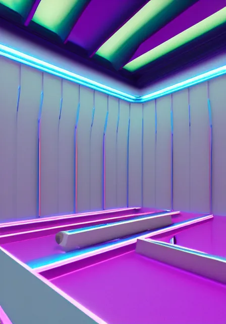 Image similar to pastel iridescent aesthetic 3d bowling alley at night, cinema 4d, digital art, octane renter, hd, 8k, hyperrealistic, highly detailed, trending on behance, in the style of blake kathyrn and James Turrell