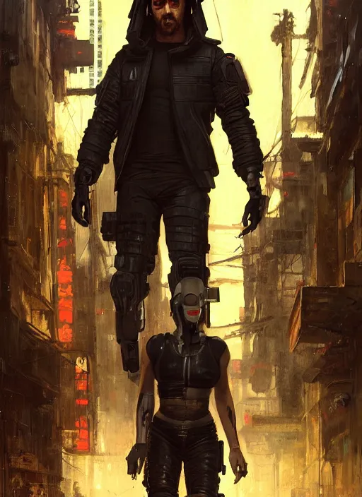 Image similar to cyberpunk jujitsu instructor. cyberpunk mercenary in a military vest ( blade runner 2 0 4 9, cyberpunk 2 0 7 7 ). orientalist portrait by john william waterhouse and james gurney and theodore ralli and nasreddine dinet, oil on canvas. cinematic, hyper realism, realistic proportions, dramatic lighting, high detail 4 k