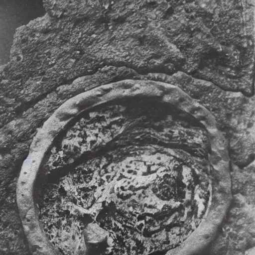 Image similar to An old, creepy, but very detailed photograph found of a suspicious rock near a lava lake with a very difficult equation written on it.