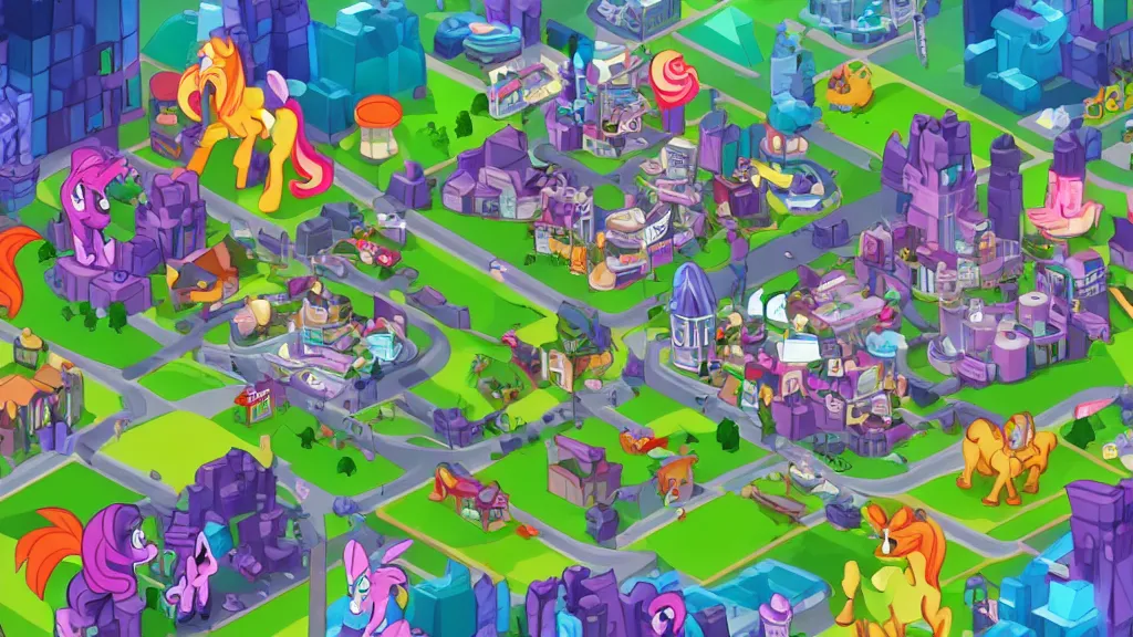 Prompt: Isometric view of bustling Manehattan, screenshot from Hasbro\'s newest mobile game based on My Little Pony: Friendship is Magic