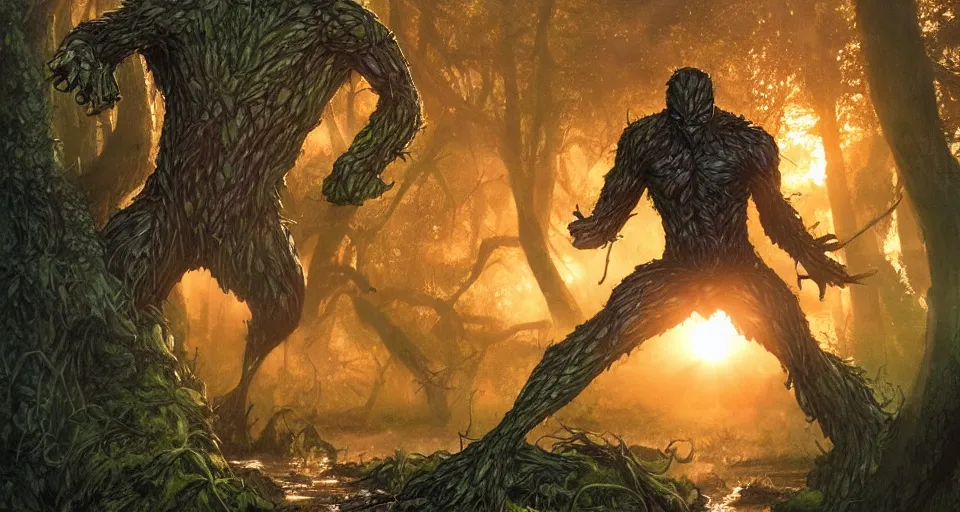 Image similar to Marvel Comics Man Thing Battles DC Comics Swamp Thing In A Misty Swamp, bats, sunset, volumetric lighting, hyperrealistic, beautiful details, HDR, octane render, action shot, wide angle, bokeh, Yasushi Niarasawa Moebius Jim Steranko Style