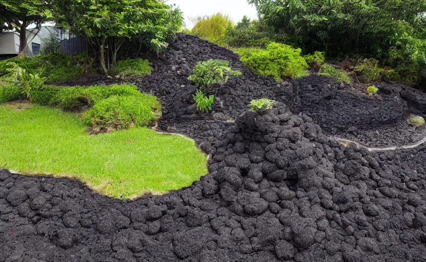 Prompt: miniature volcanic cone erupting with streams of lava in a suburban yard, ground level
