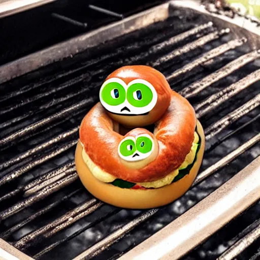 Image similar to pepe the frog in a hot dog bun on a grill.