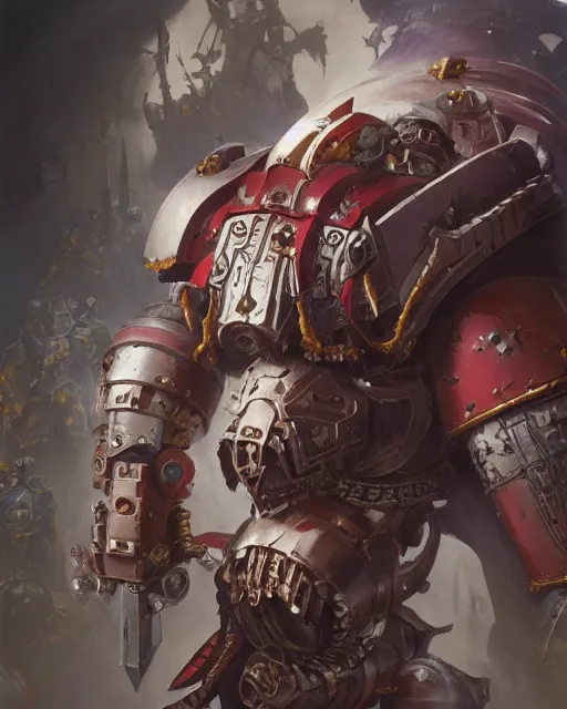 Image similar to hyper realistic portrait of heroic warhammer 4 0 k android head, cinematic, chaos marine, khorne, emperor, slaanesh, artstation, cgsociety, full head and shoulders, greg rutkowski, james gurney, mignola, craig mullins, brom redshift, vray, octane