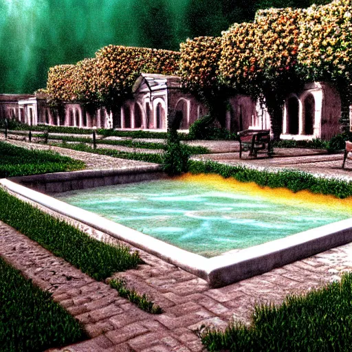 Prompt: hyperrealism photography computer simulation visualisation of parallel unreal universe detailed old bath in the detailed ukrainian village garden in dramatic scene from movie the big lebowski ( 1 9 9 8 )