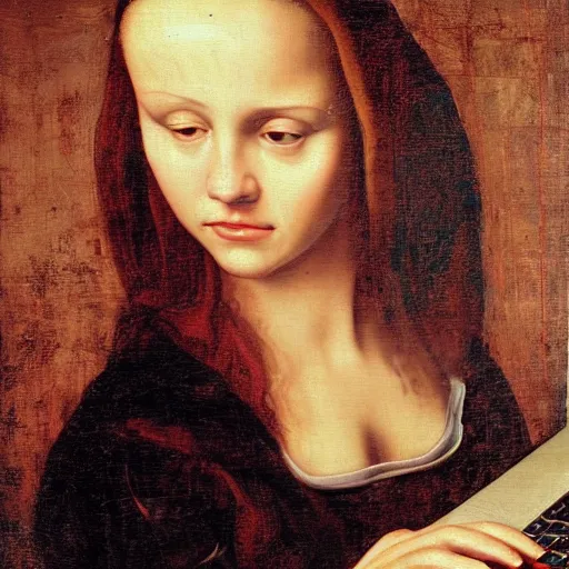 Image similar to Renaissance oil painting, creepy young lady, dark hair, typing computer keyboard staring at a giant computer screen on wall