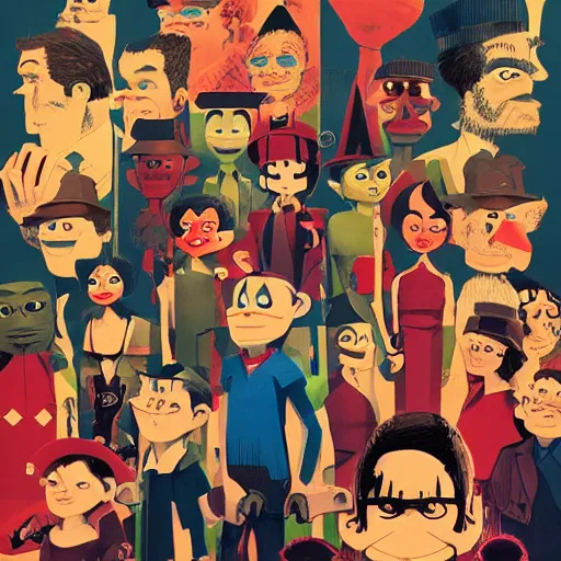 Image similar to a group of people standing next to each other, poster art by jamie hewlett, cgsociety, sots art, official art, 2 d, poster art