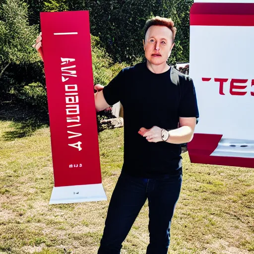 Image similar to Elon Musk holding a sign saying Free Teslas, highly detailed, high quality, HD, 4k, 8k, Canon 300mm, professional photographer, 40mp, lifelike, top-rated, award winning, realistic, sharp, no blur, edited, corrected, trending