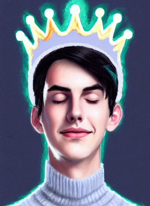 Image similar to portrait of teenage jughead jones wearing a light grey crown, crown, blue turtleneck, closed eyes, eyes closed, smile, crown, black hair, intricate, elegant, glowing lights, warm lighting, highly detailed, digital painting, artstation, concept art, smooth, sharp focus, illustration, art by wlop, mars ravelo and greg rutkowski