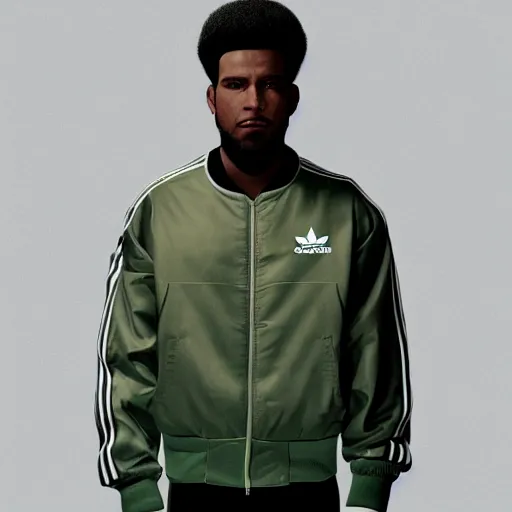 Prompt: low polygon render of a black man with afro hair and raspy bear stubble, wearing an army green adidas jacket, high quality, minimalist