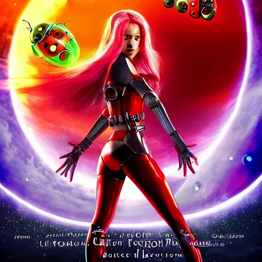 Image similar to promotional movie still, ladybug futuristic ( ( descendants ) ), ladybug quadruped with big rgb eyes, huge ladybug mothership, epic cosmos, dramatic lighting, the fellowship of the ring ( film ) genre. imax, 7 0 mm.