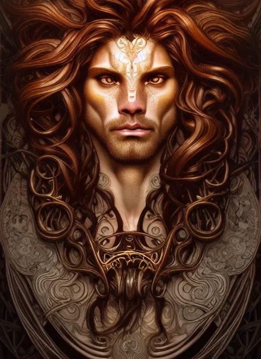 Image similar to portrait of demigod hercules, long wavy auburn hair, lion head, glowing eyes, volumetric lights, forest, art nouveau botanicals, gothic, intricate, highly detailed, digital painting, artstation, concept art, smooth, sharp focus, symmetric face, illustration, steampunk, art by artgerm and greg rutkowski and alphonse mucha