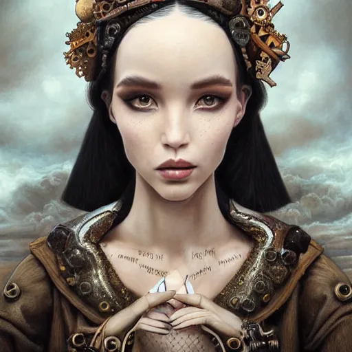 Prompt: tom bagshaw, grotesque and bizarre curiosities in steampunk lovecraftian world, beautiful asian mix of dove cameron madison beer bella poarch in a full dress, pure makeup, professionally retouched, focus eyes, ultra realistic soft painting, insanely detailed linework, symmetrical accurate intricate features, behance, 8 k