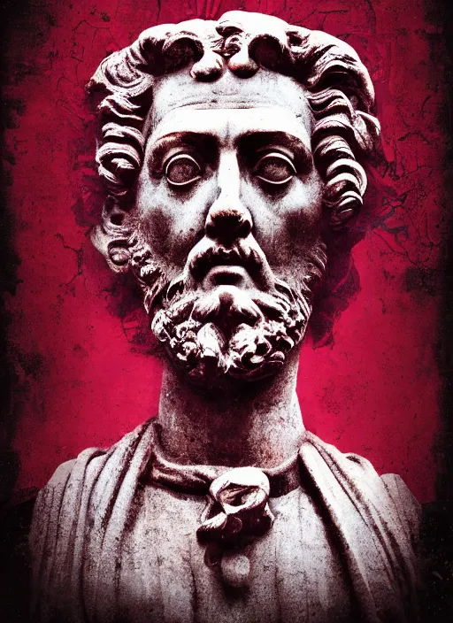 Image similar to design poster showing a statue of marcus aurelius, black background with very subtle red and purple design elements, powerful, nekro, graphic design, collage art, thin lines, dark, glitch art, neo vaporwave, gritty, layout frame, square, trending on artstation