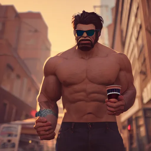 Prompt: hipster hulk drinking coffee, 30mm photography, gta artstyle, wide shot, dramatic lighting, octane render, hyperrealistic, high quality, highly detailed, artstation, HD, beautiful, cinematic, 8k, unreal engine, facial accuracy, symmetrical