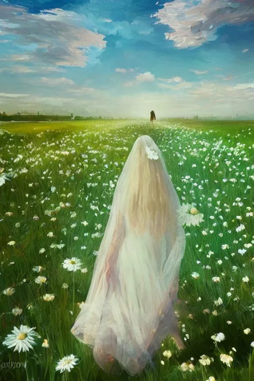 Image similar to giant white daisy flower veil, girl walking in a flower field, surreal photography, sunrise, dramatic light, impressionist painting, colorful clouds, digital painting, artstation, simon stalenhag