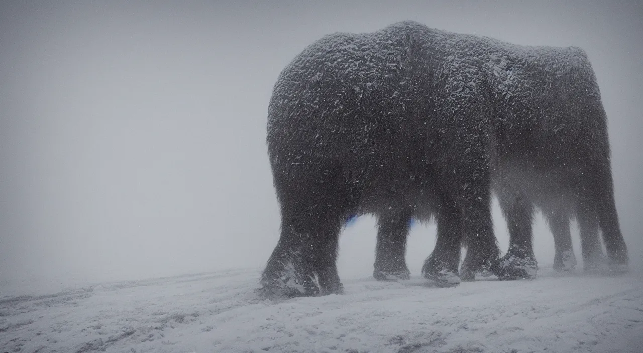 Prompt: “photo of a biomechanical mammoth in an arctic storm with fog and blizzard, the mammoth drags old gigantic coal wagons with snow, it's a sunset photo with cold tones”