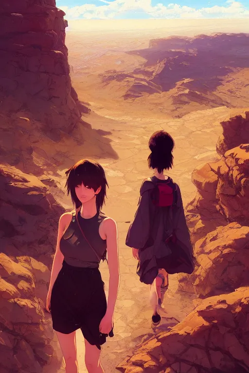 Image similar to a girl hiking in the desert, fine - face, realistic shaded perfect anatomy, fine details. night setting. very anime style. realistic shaded lighting poster by ilya kuvshinov katsuhiro, magali villeneuve, artgerm, jeremy lipkin and michael garmash, rob rey and kentaro miura style, trending on art station