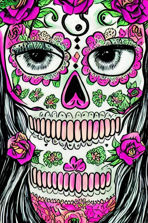 Image similar to illustration of a sugar skull day of the dead girl, art by sam turner