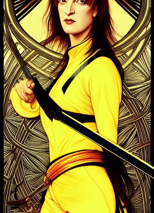 Image similar to uma thurman in kill bill, sword warrior, rococo and art nouveau fusion, swinging reflective katana, yellow jumpsuit with black stripe, highly detailed, deep focus, elegant, digital painting, smooth, sharp focus, illustration, ultra realistic, japanese art by artgerm and alphonse mucha