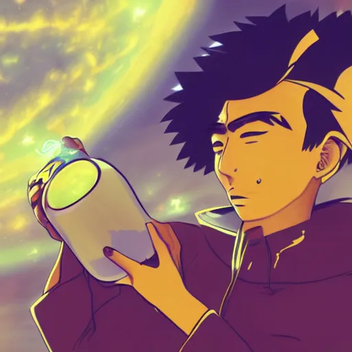 Image similar to A man drinking a cup of cosmic energy bright light by Masafumi Harada, 4k, digital art, surreal, anime style, space dandy style, highly detailed, godsend, artstation