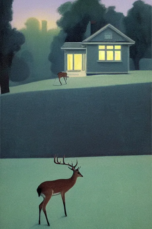 Prompt: deer on a suburban house's lawn in a suburban street at dawn, soft light, dreamy eerie, edward hopper, quint buchholz, thmoas kinkade, giorgio de chirico