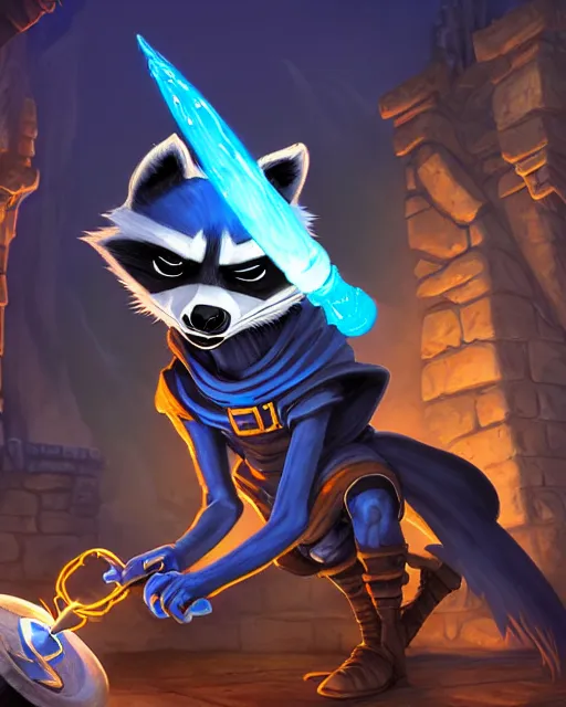 Image similar to closeup, highly detailed digital illustration portrait of hooded necromancer sly cooper rocket the raccoon casting a magical energy sparkling blue glowing spell in an ancient castle, action pose, d & d, magic the gathering, by rhads, frank frazetta, lois van baarle, jean - baptiste monge, disney, pixar,