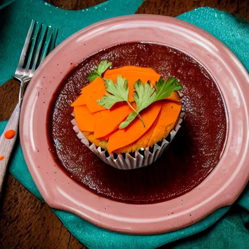 Image similar to A beef stew cupcake with a side of freshly shaved carrot and caviar, high definition photography, 8k, food photography