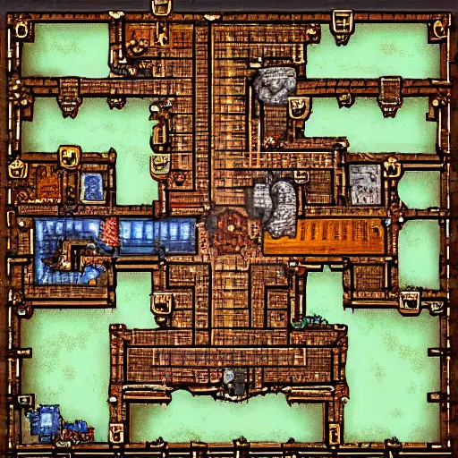Prompt: overhead map of a roguelike dungeon, d & d map