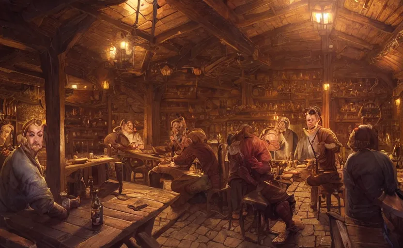 Prompt: highly detailed portrait of a medieval tavern, in disney, stephen bliss, unreal engine, fantasy art by greg rutkowski, loish, rhads, ferdinand knab, makoto shinkai and lois van baarle, ilya kuvshinov, rossdraws, tom bagshaw, global illumination, radiant light, detailed and intricate environment