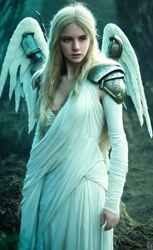 Image similar to angel, low key light, full plate armor with cloth, f 2. 8, bokeh, medium portrait, gentle, female, dark ruins, landscape, d & d, fantasy, intricate, elegant, highly detailed, teal white gold color palette, roger deakins, sharp focus, greg rutkowski and alphonse mucha