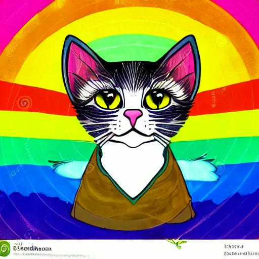 Image similar to portrait friendly cute happy stylish realistic rainbow cat. background in the style of art nouveau. lively. colorful. hd.