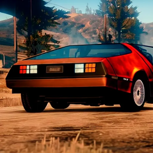 Image similar to dmc 1 2 delorean with a jet engine on the back in red dead redemption 2