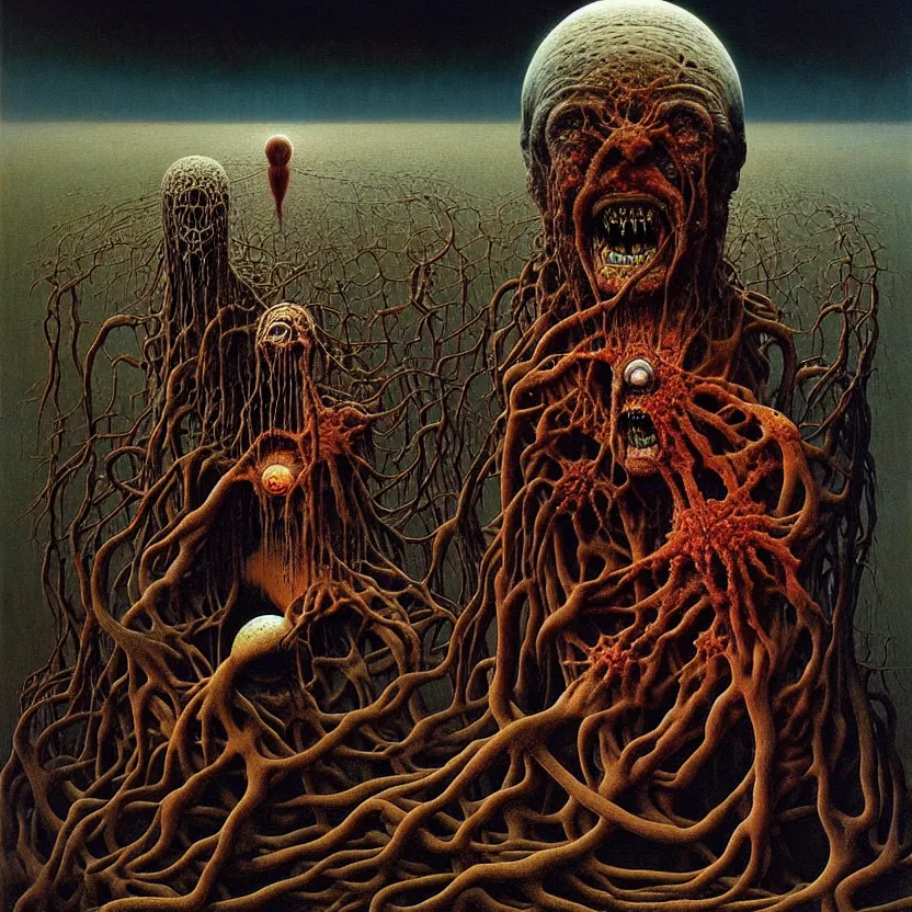 Image similar to a living nightmare, cosmic horror, by zdzisław beksinski and esao andrews and salvador dali, oil on canvas, mixed media, abstract, surreal, horror, dark, intricate textures