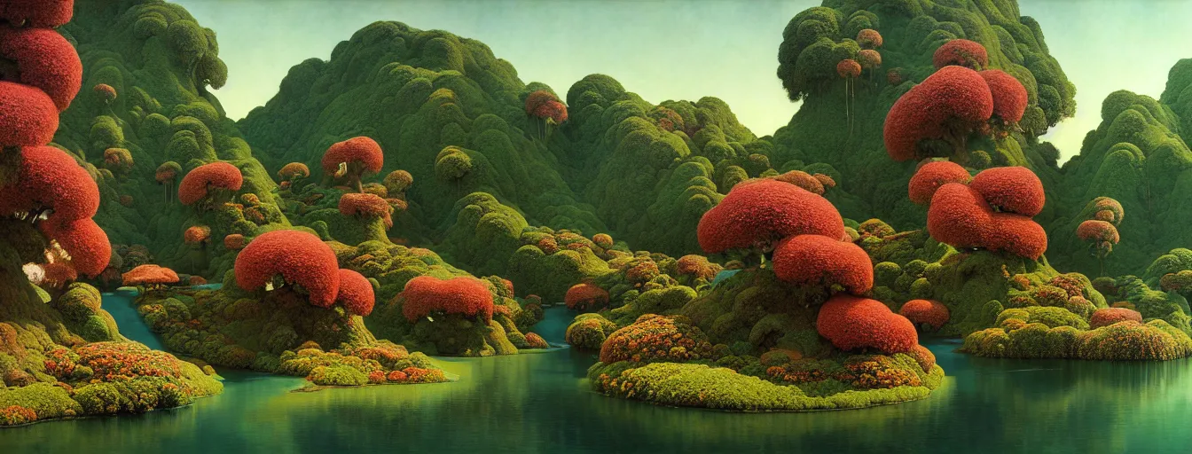 Image similar to a gorgeous very early spring series of lush islands separated by flower - lined streams, twisted gardens, painting by barlowe wayne maxfield parrish and marco mazzoni. tree no leaf!!!! china mountain village!! very little light verdancy. ultra clear detailed. 3 d, octane render. turbulent blood lake.