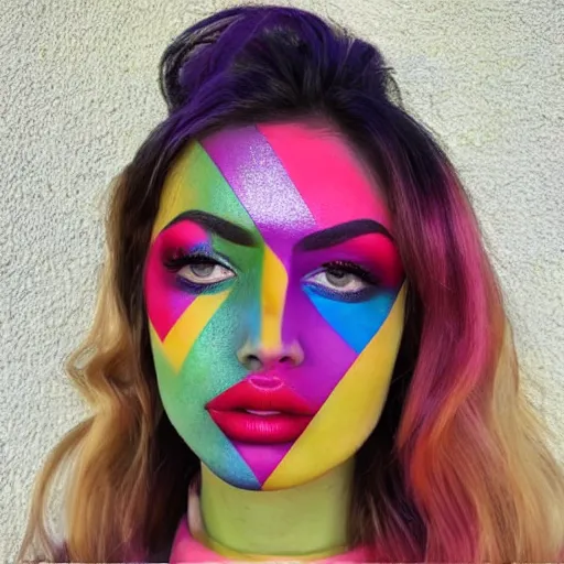 Image similar to a photo of a person wearing colorful geometric makeup