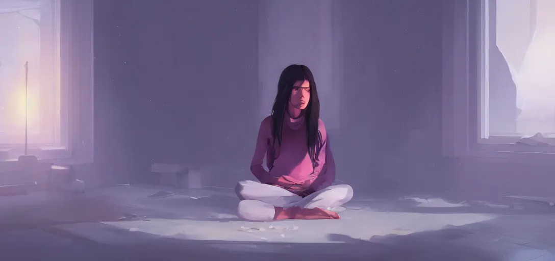 Image similar to Young Himalayan woman sitting concerned in an empty room with loneliness using psychic powers to make a lighter float| night time scene, plain walls |somber white eyes, long messy hair | gentle lighting, futuristic, dim lighting, digital art by Makoto Shinkai ilya kuvshinov and Wojtek Fus, digital art, concept art,