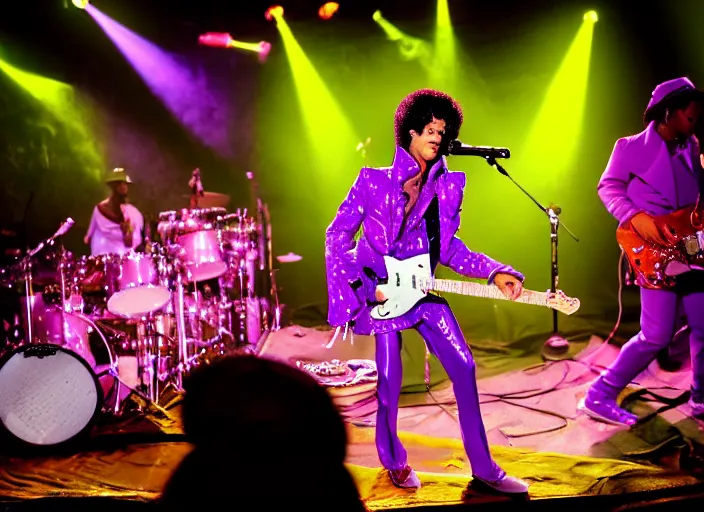 Image similar to photo still of prince from purple rain on stage at vans warped tour!!!!!!!! at age 3 3 years old 3 3 years of age!!!!!!!! serving pancakes to the crowd, 8 k, 8 5 mm f 1. 8, studio lighting, rim light, right side key light