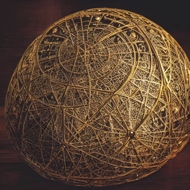 Prompt: a dramatically lit photo of an ancient, powerful brass and gold artifact round ball spherical astrolabe liahona artifact sitting on a wooden table. the intricate, metal lace, concentric metal balls contain large openings allowing you to see within