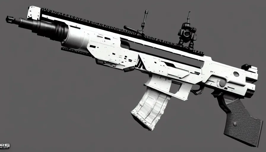 Prompt: extremely detailed realistic side view of a sci fi assault rifle, detailed pistol trigger, chemically propelled, massive battery, caseless ammunition, railgun, chemrail, gauss rifle, bullpup, elegant sleek smooth body, white paint,, sleek utopian design,, ultra quality, realistic, octane render, call of duty, warframe, terminator