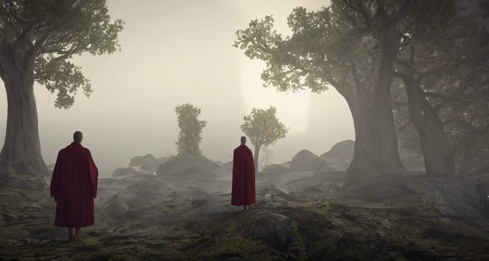 Image similar to a photo of humanoid aliens! wearing robes on a foggy mountain, octane render, unreal engine